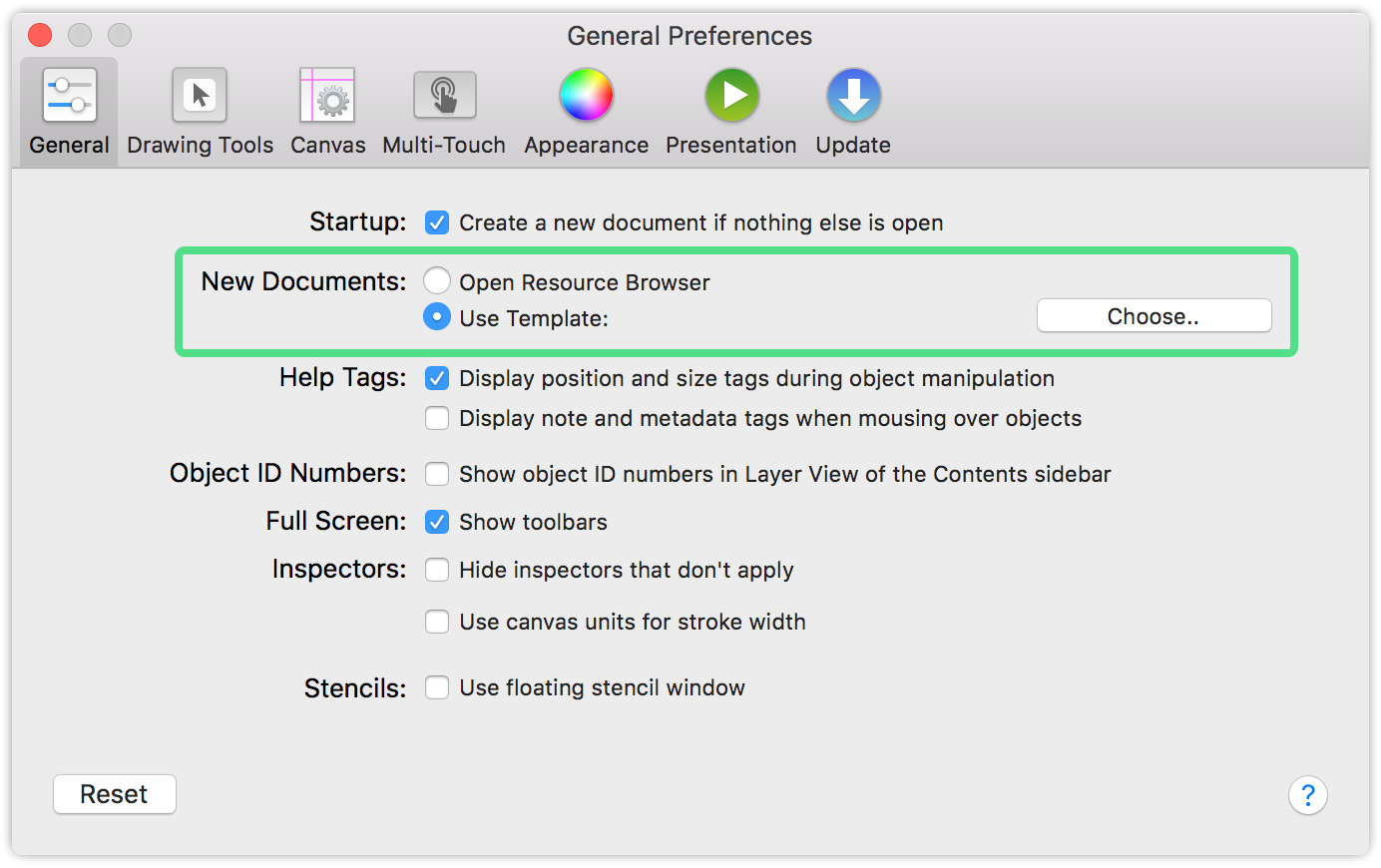 Under General in OmniGraffle Preferences, choose "Open Resource Browser" or pick a new template when creating a new document.